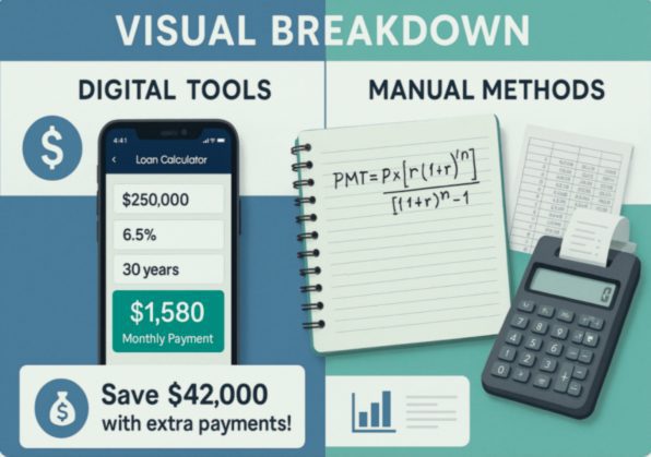 Step-by-step loan calculator guide showing digital tools and manual payment calculation methods